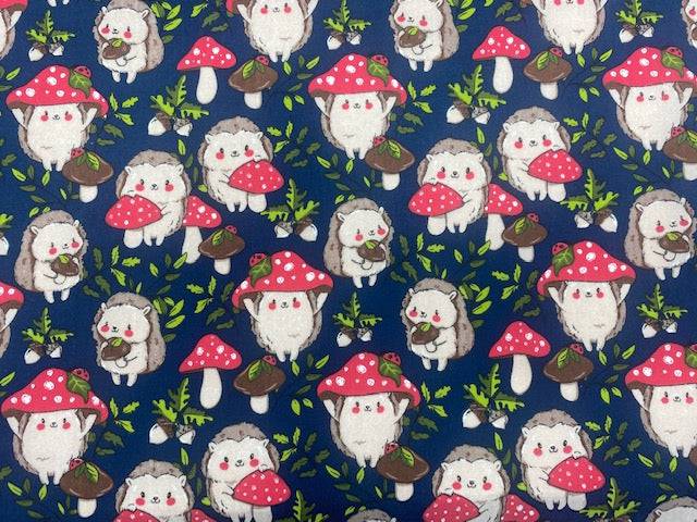 Hedgehog's Mushroom Toadstool Party  - Poly/Cotton Print - Cheap Fabrics