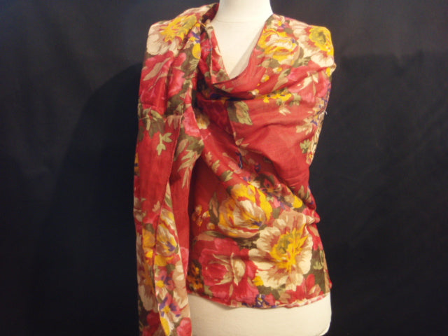 Red Floral - Printed Poly Cotton Blend Scarf