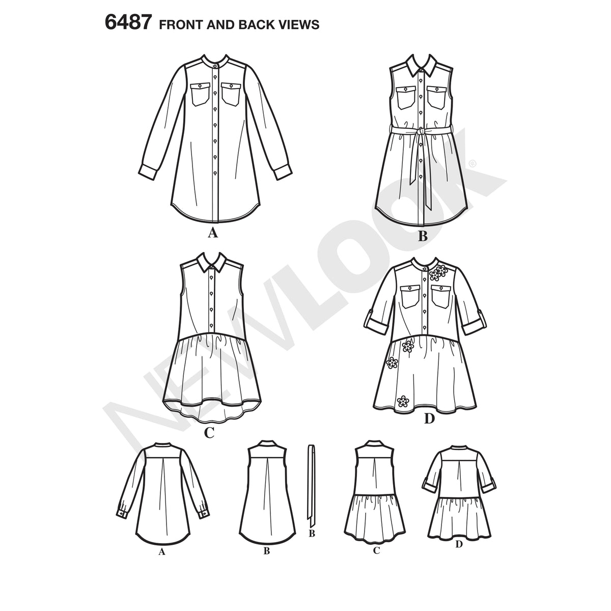 6487 New Look Pattern 6487 Girls' Shirt Dresses and Tie Belt