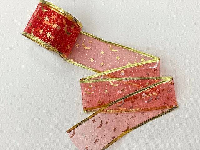 Christmas Wired Edge Organza Ribbon- Moon &amp; Stars (2 MTR REEL) - Cheap Fabrics