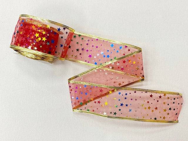 Christmas Wired Edge Organza Ribbon - Multi Stars (2 MTR REEL) - Cheap Fabrics