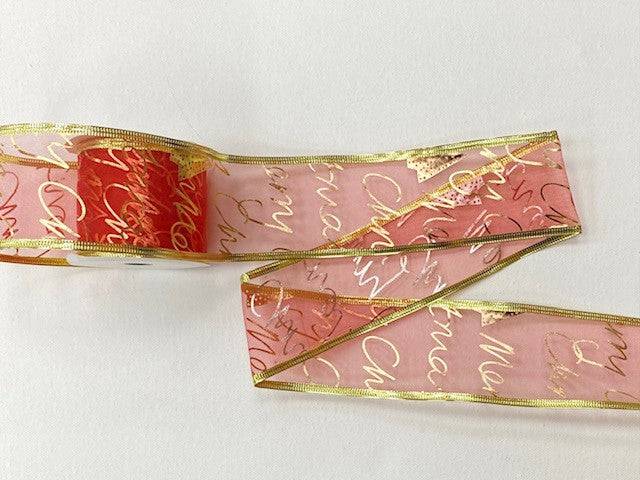 Christmas Wired Edge Organza Ribbon - Xmas Part Script (2 MTR REEL) - Cheap Fabrics