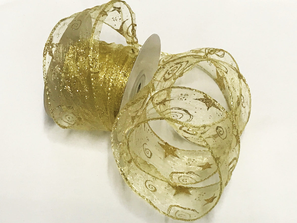 Christmas Wired Edge Ribbon - Gold Glitter Swirl