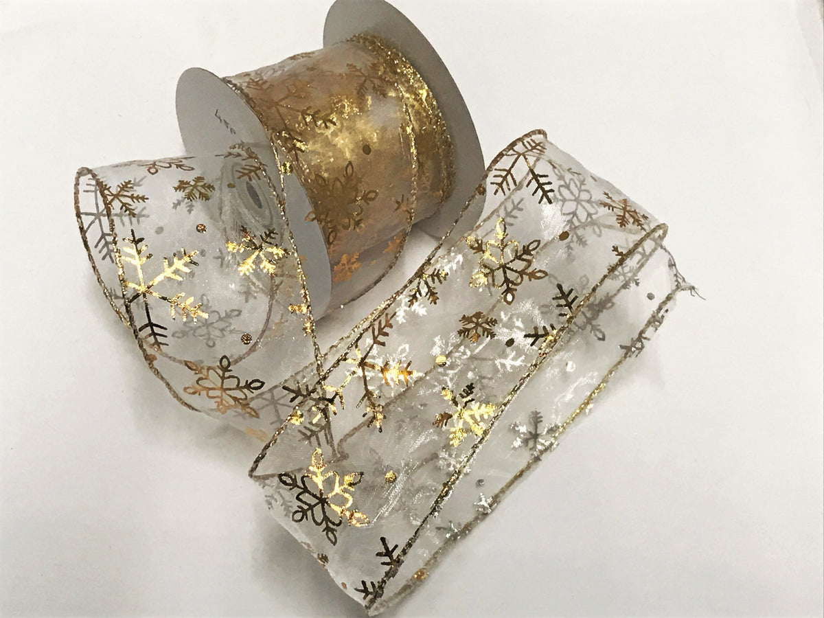 Wired Edge Gold Foil Snowflakes Ribbon