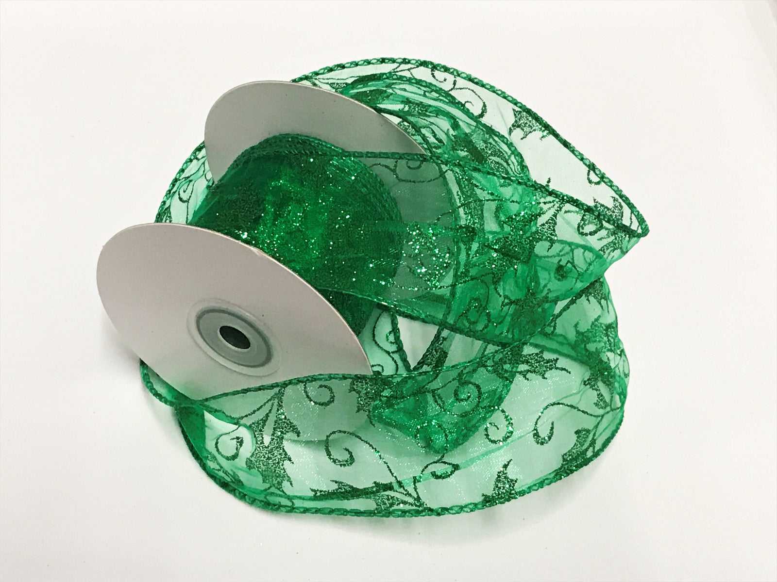 Christmas Wired Edge Ribbon - Green Glitter Holly