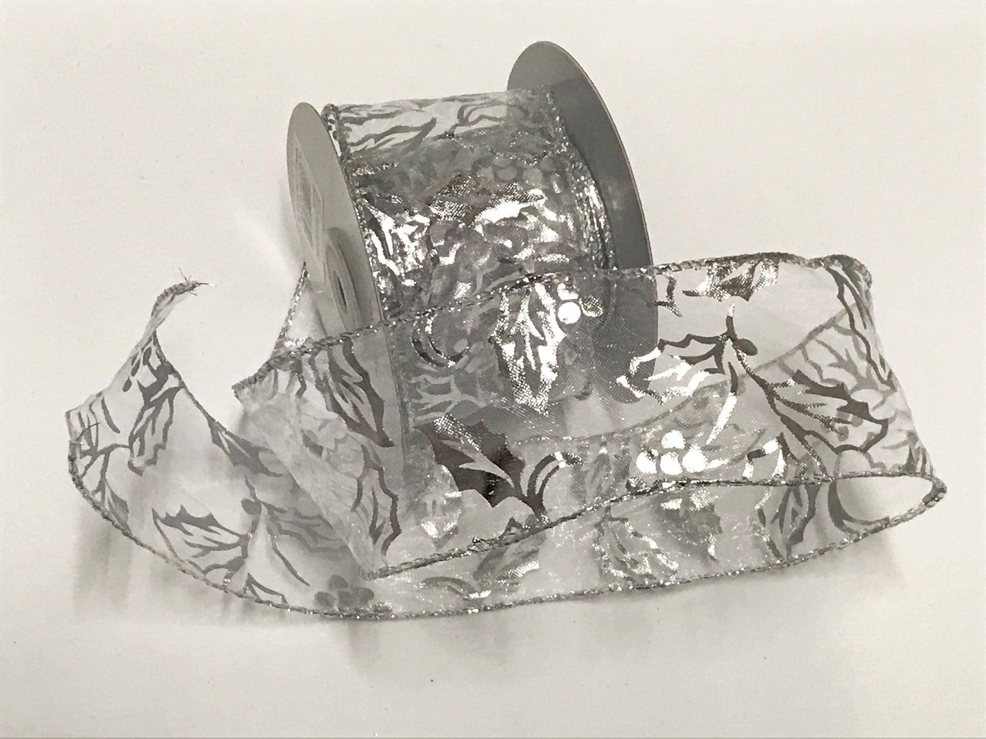 Wired Edge Silver Foil Holly Ribbon