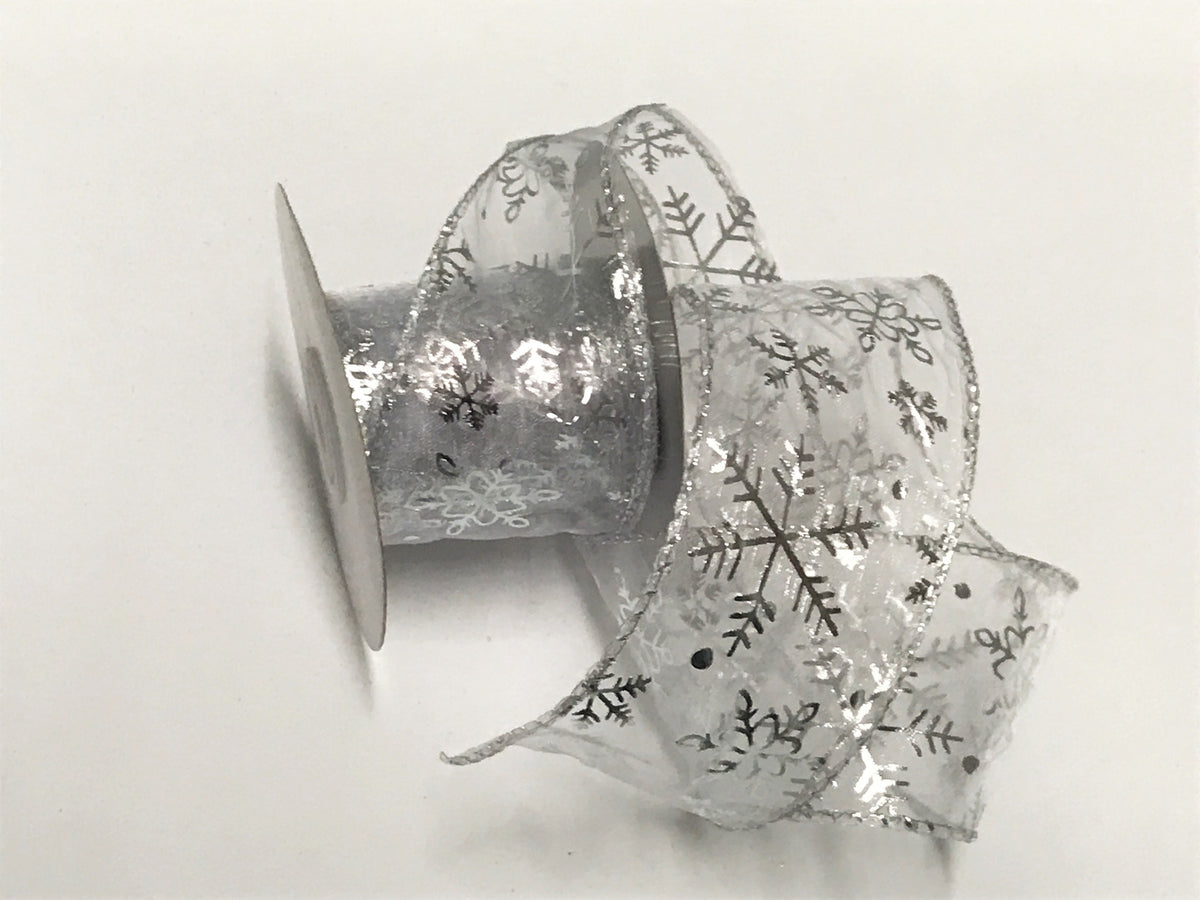 Wired Edge Silver Foil Snowflakes Ribbon