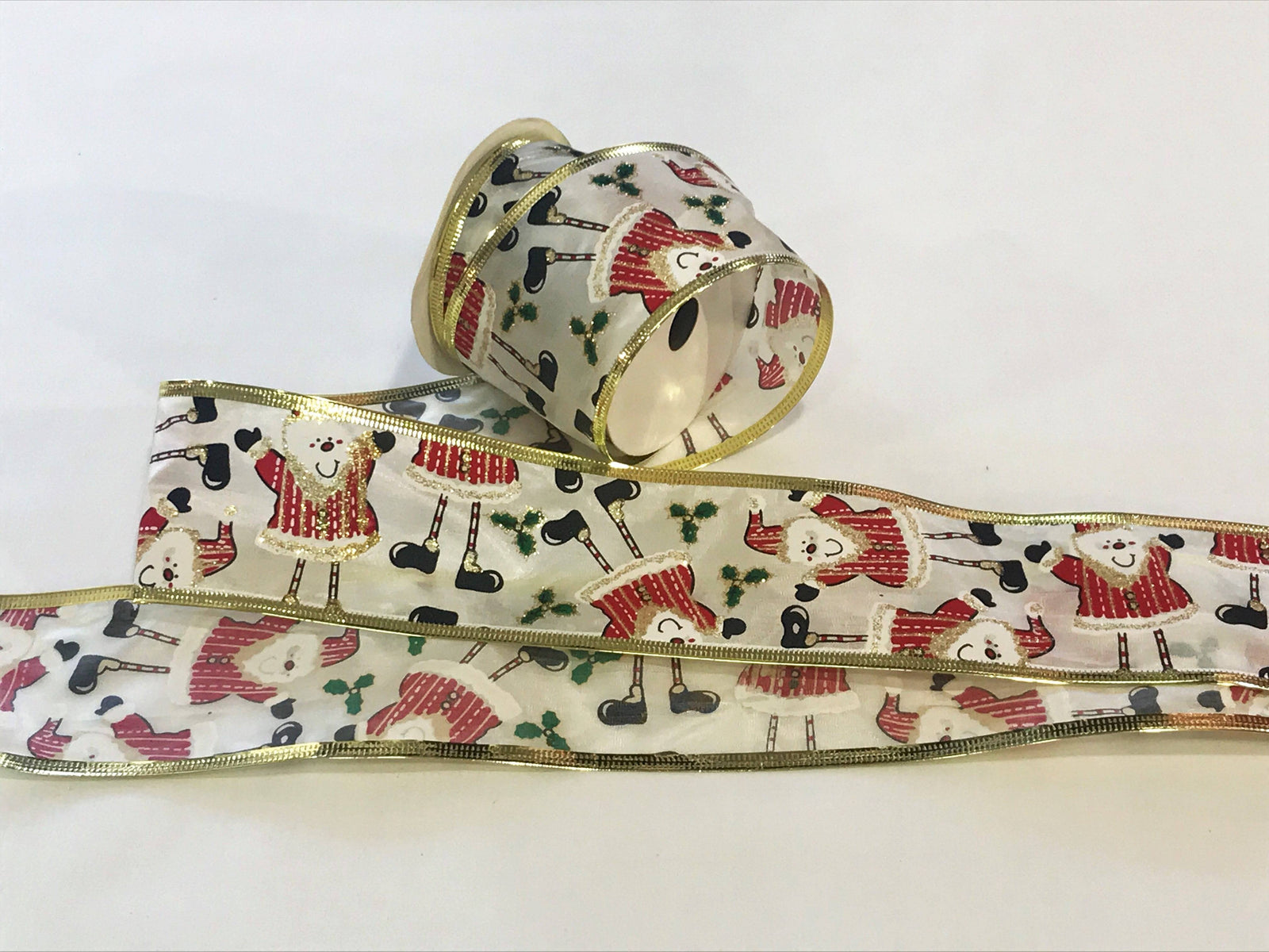 Christmas Wired Edge Ribbon - Happy Santa