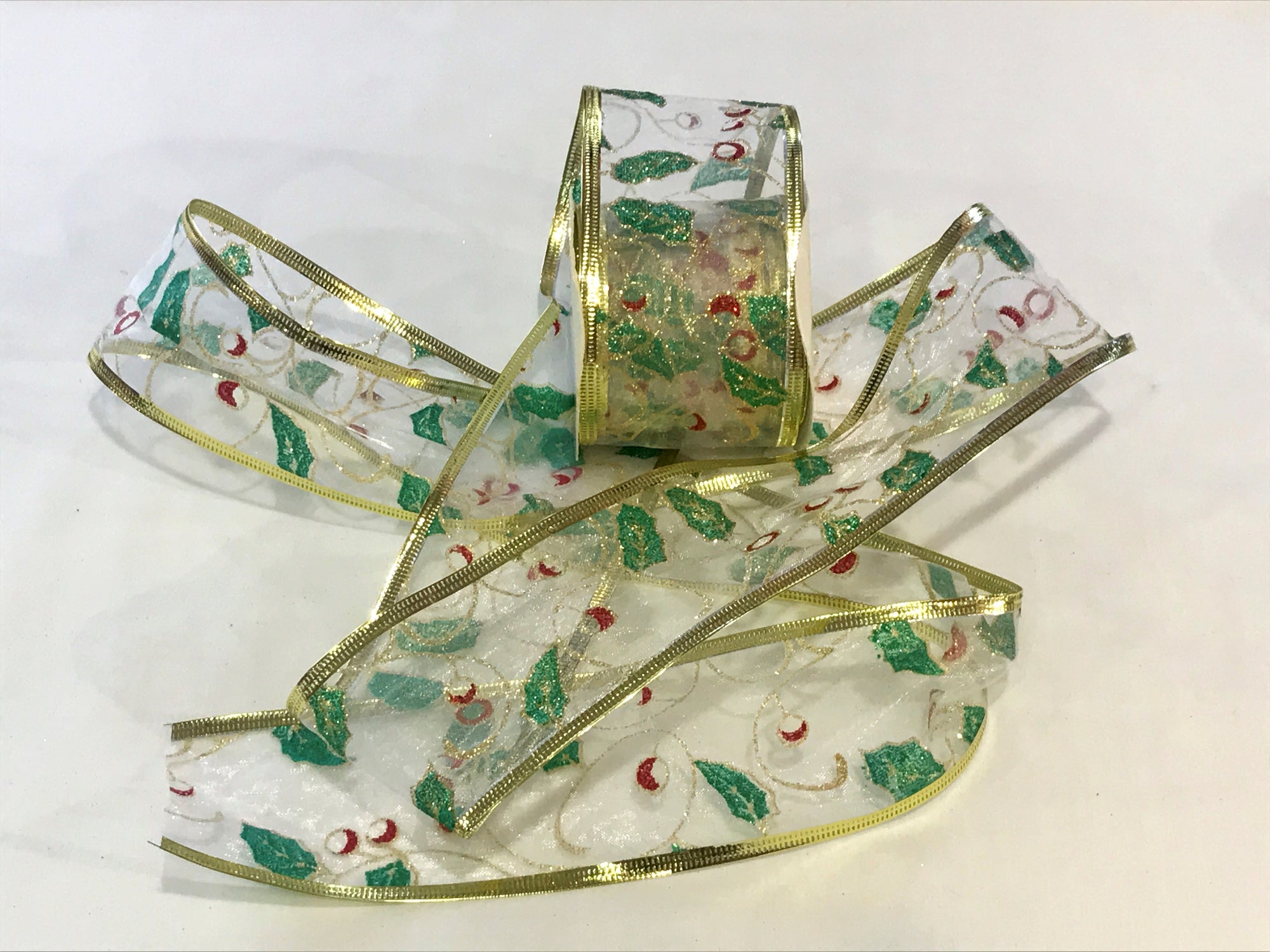 Christmas Wired Edge Ribbon - Green Holly
