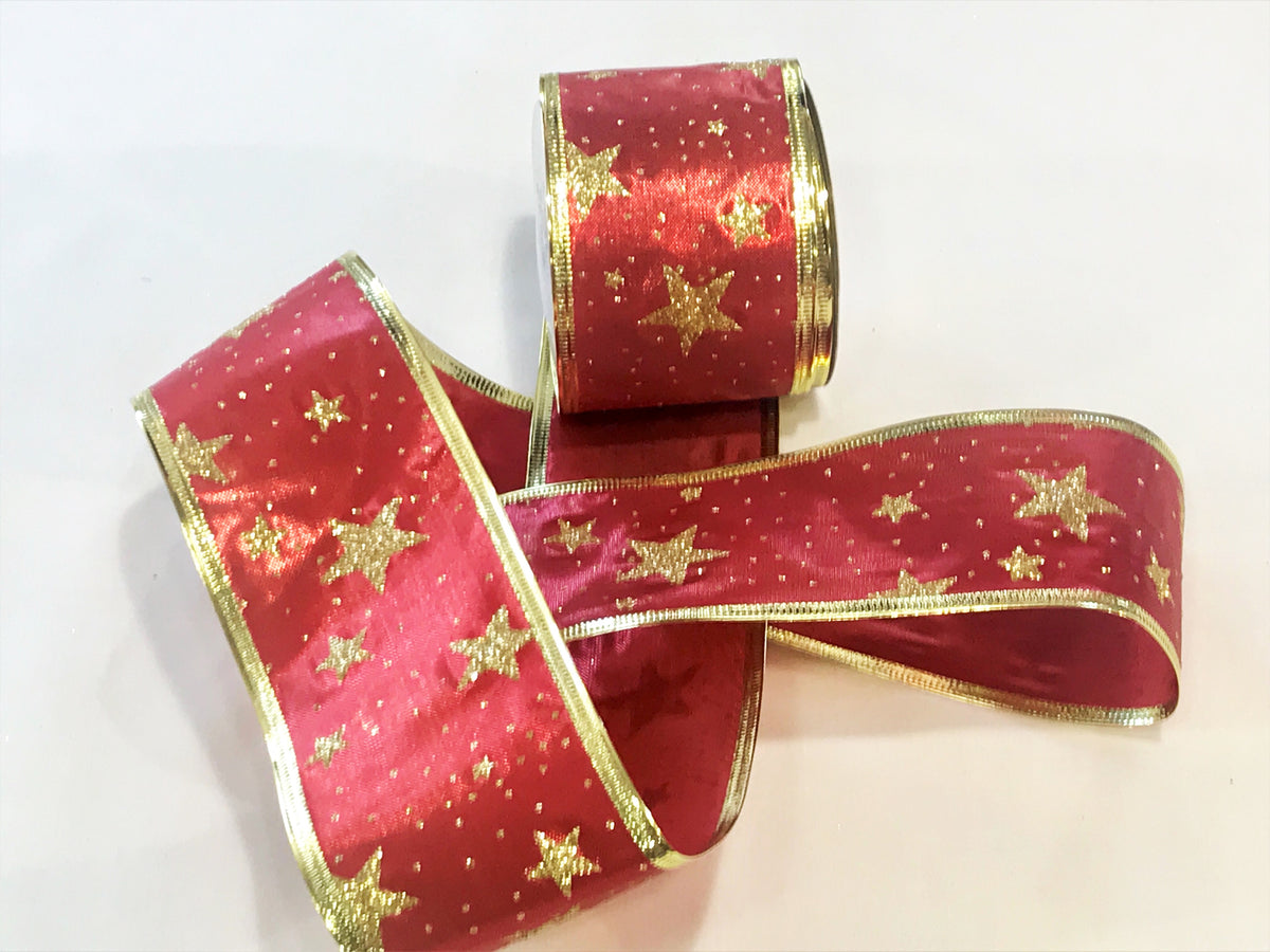 Christmas Wired Edge Ribbon - Red/Gold Star