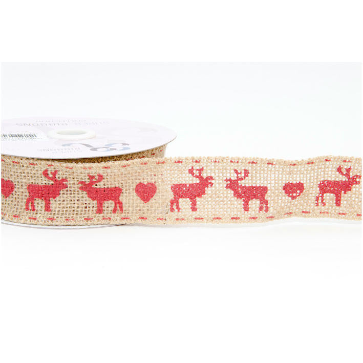 Wired Hessian Christmas Reindeer Ribbon - 2.62 Mtr Last Chance To Buy!